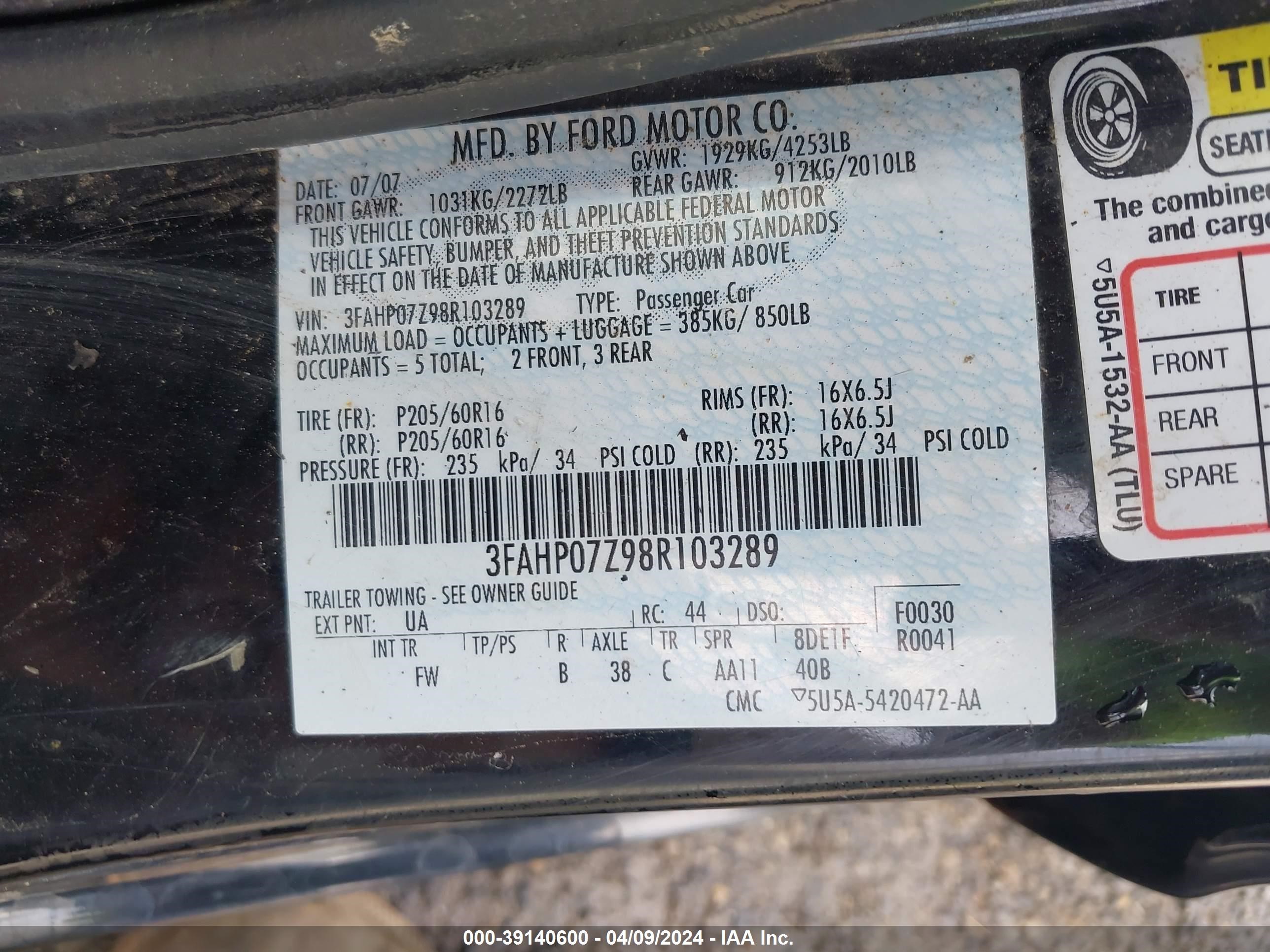 Photo 8 VIN: 3FAHP07Z98R103289 - FORD FUSION 