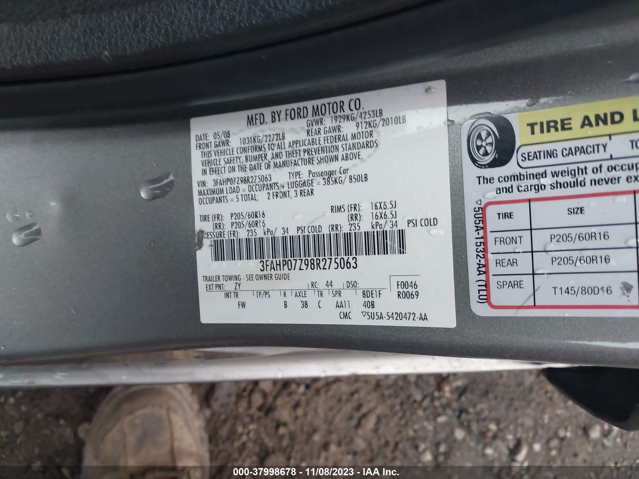 Photo 8 VIN: 3FAHP07Z98R275063 - FORD FUSION 