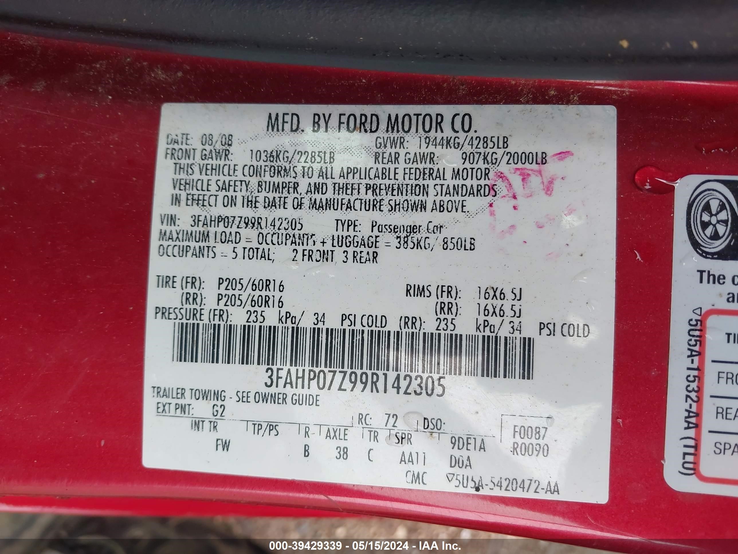 Photo 8 VIN: 3FAHP07Z99R142305 - FORD FUSION 