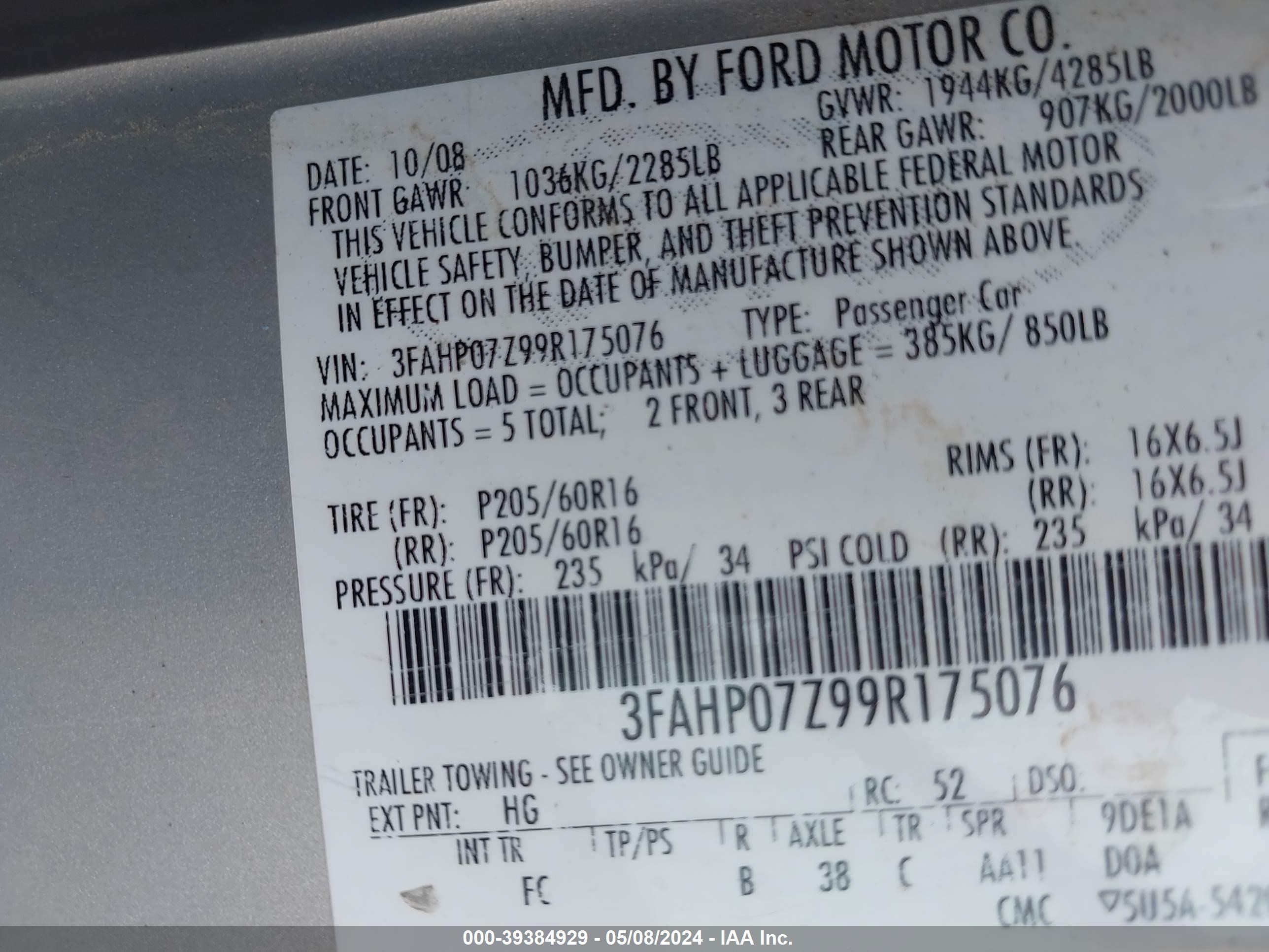 Photo 8 VIN: 3FAHP07Z99R175076 - FORD FUSION 