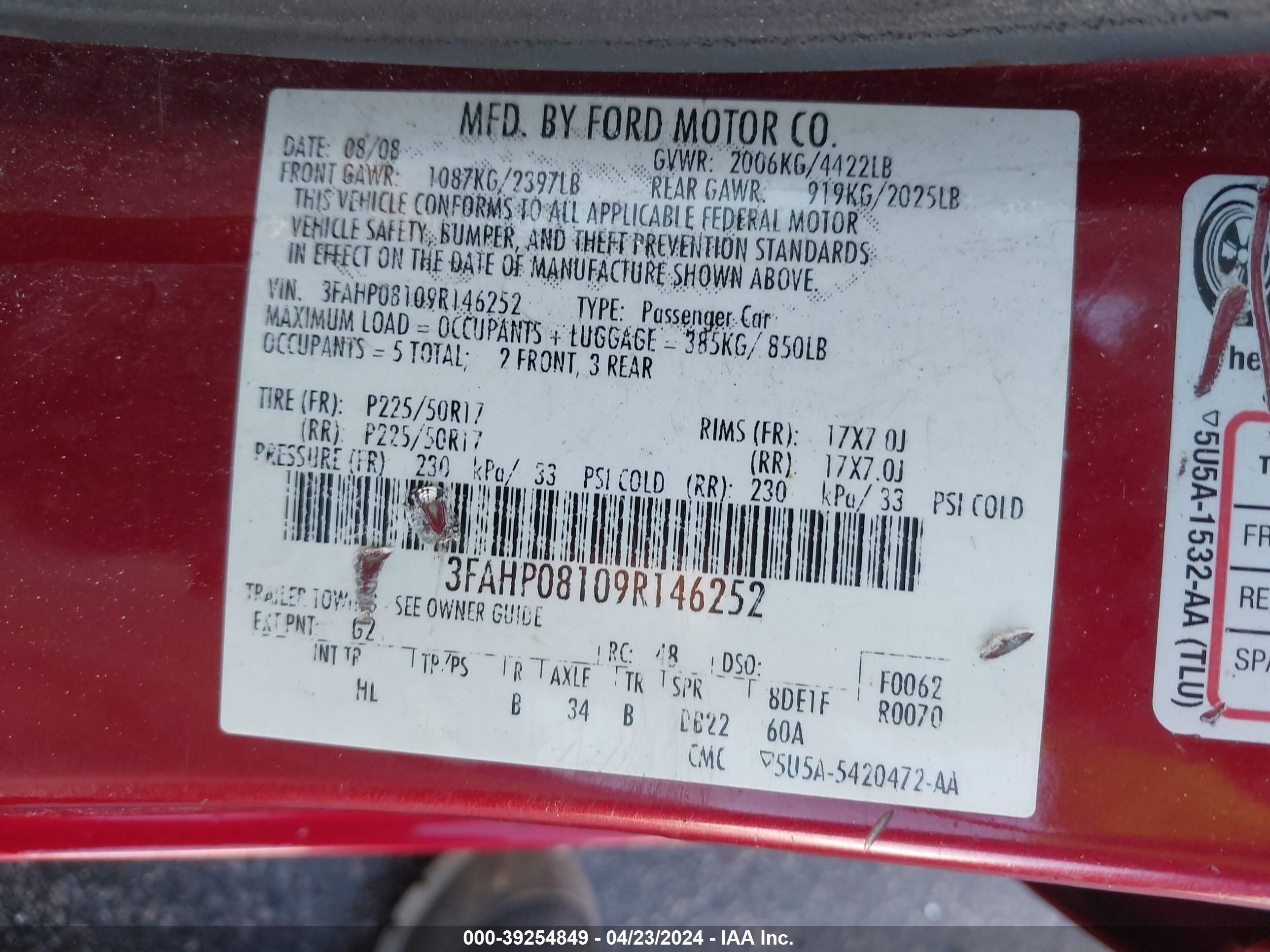 Photo 8 VIN: 3FAHP08109R146252 - FORD FUSION 