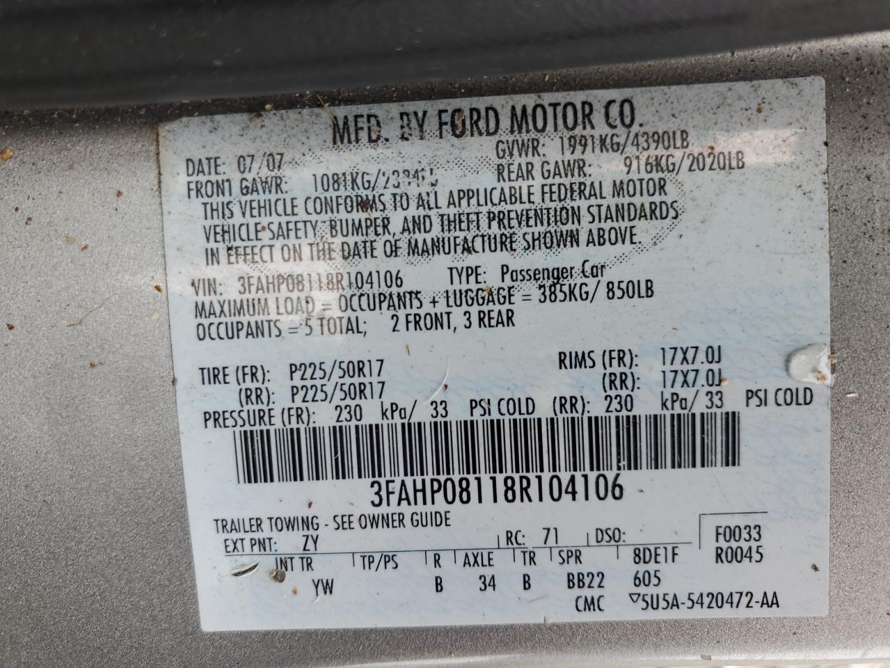 Photo 11 VIN: 3FAHP08118R104106 - FORD FUSION 