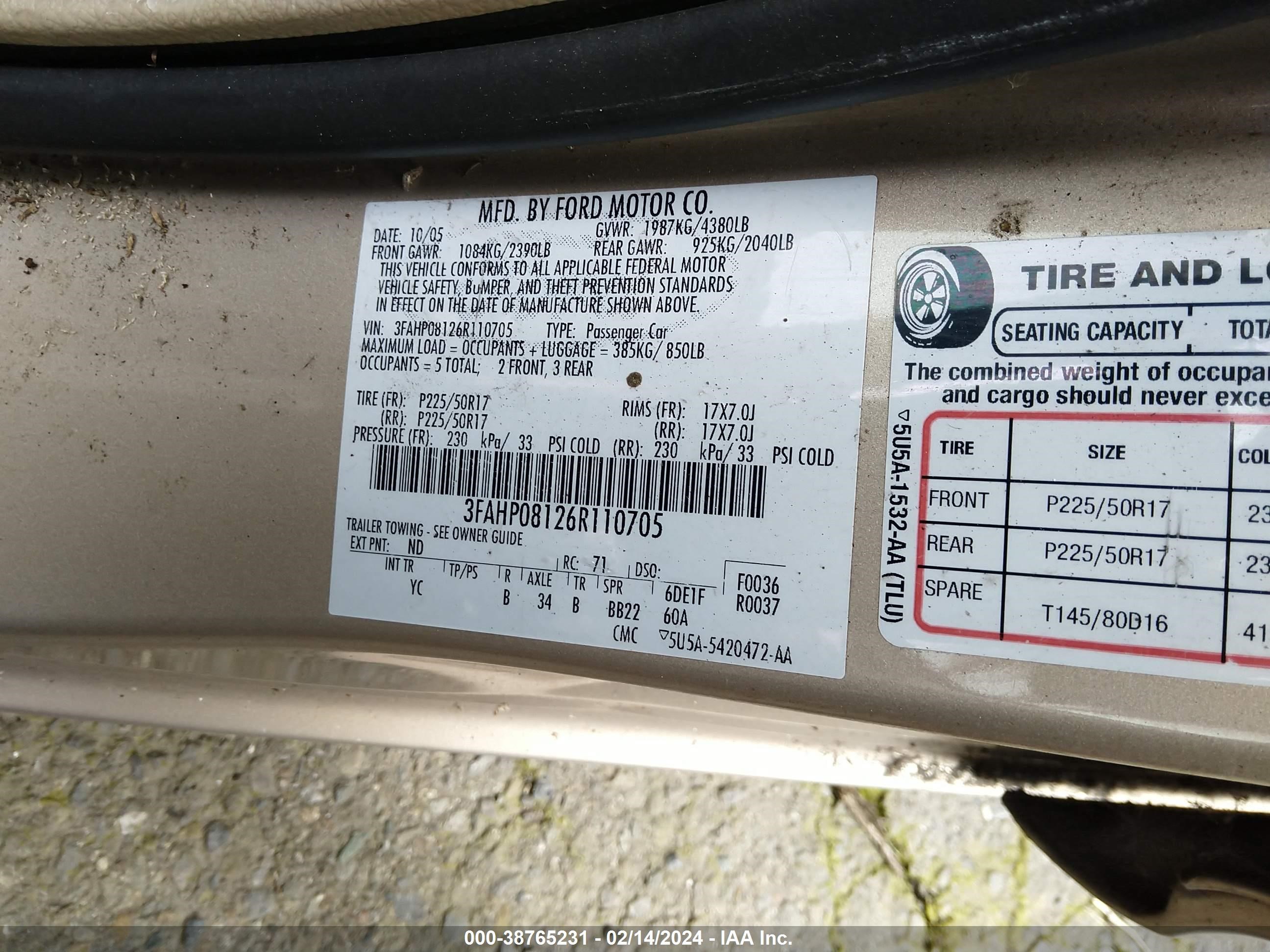 Photo 8 VIN: 3FAHP08126R110705 - FORD FUSION 