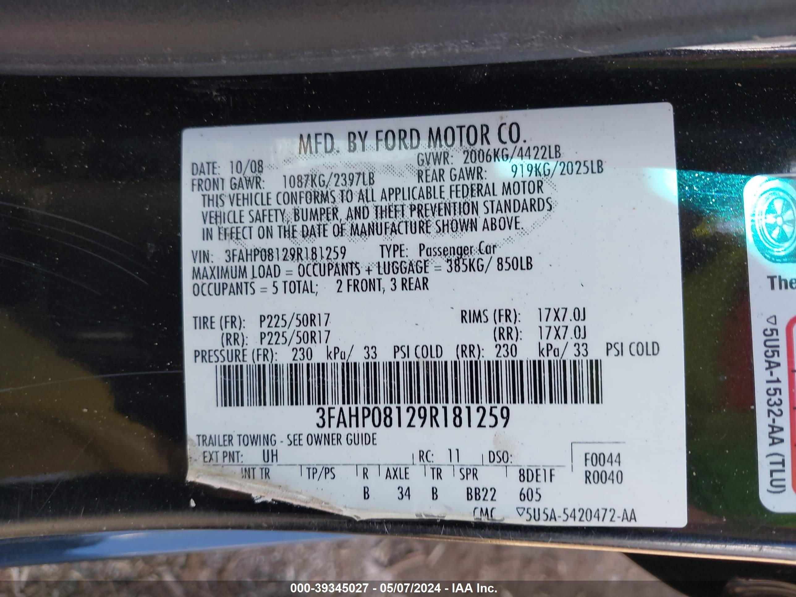 Photo 8 VIN: 3FAHP08129R181259 - FORD FUSION 