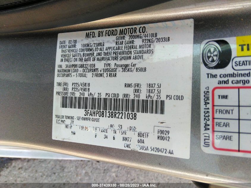 Photo 8 VIN: 3FAHP08138R221038 - FORD FUSION 