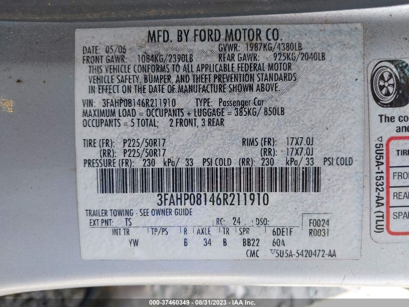 Photo 8 VIN: 3FAHP08146R211910 - FORD FUSION 