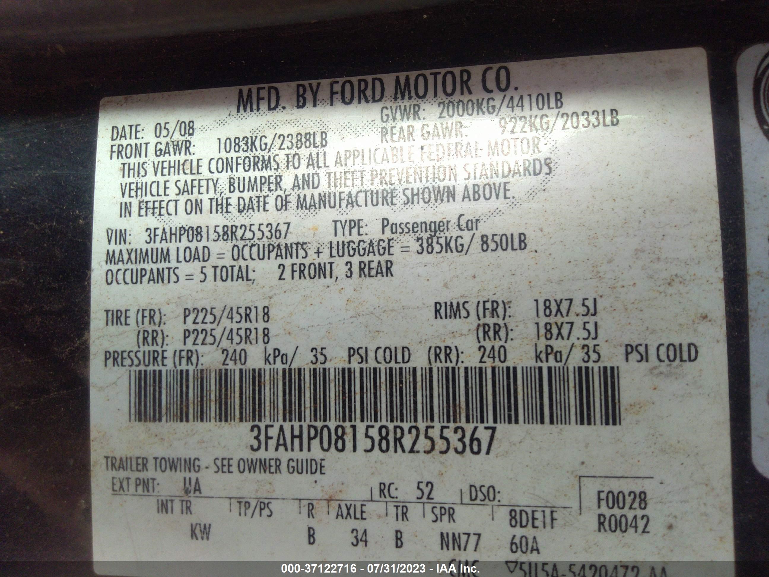 Photo 8 VIN: 3FAHP08158R255367 - FORD FUSION 