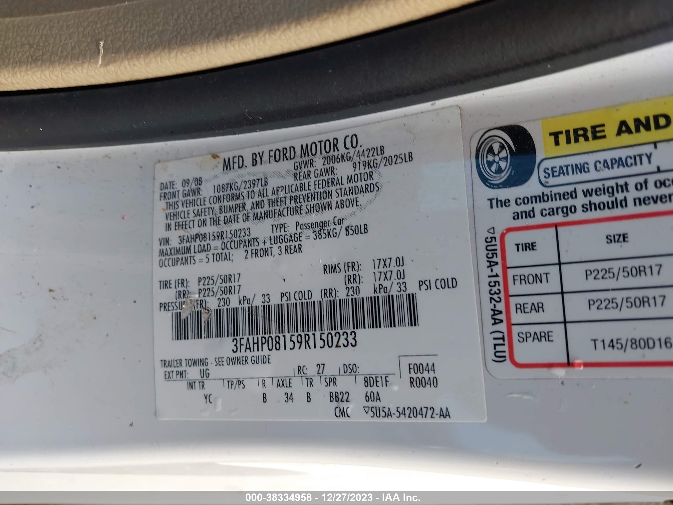 Photo 8 VIN: 3FAHP08159R150233 - FORD FUSION 