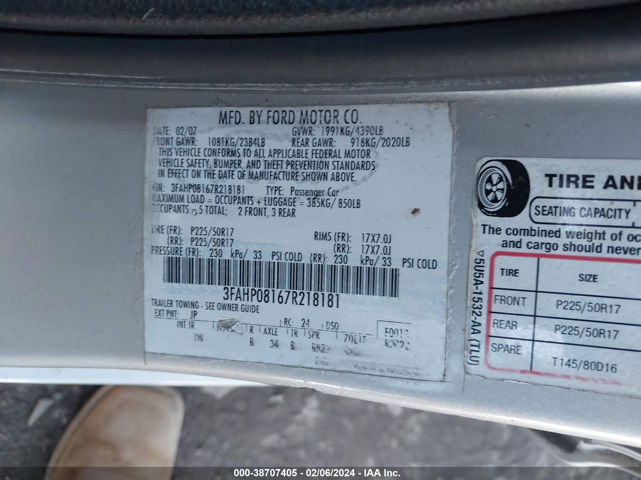 Photo 8 VIN: 3FAHP08167R218181 - FORD FUSION 