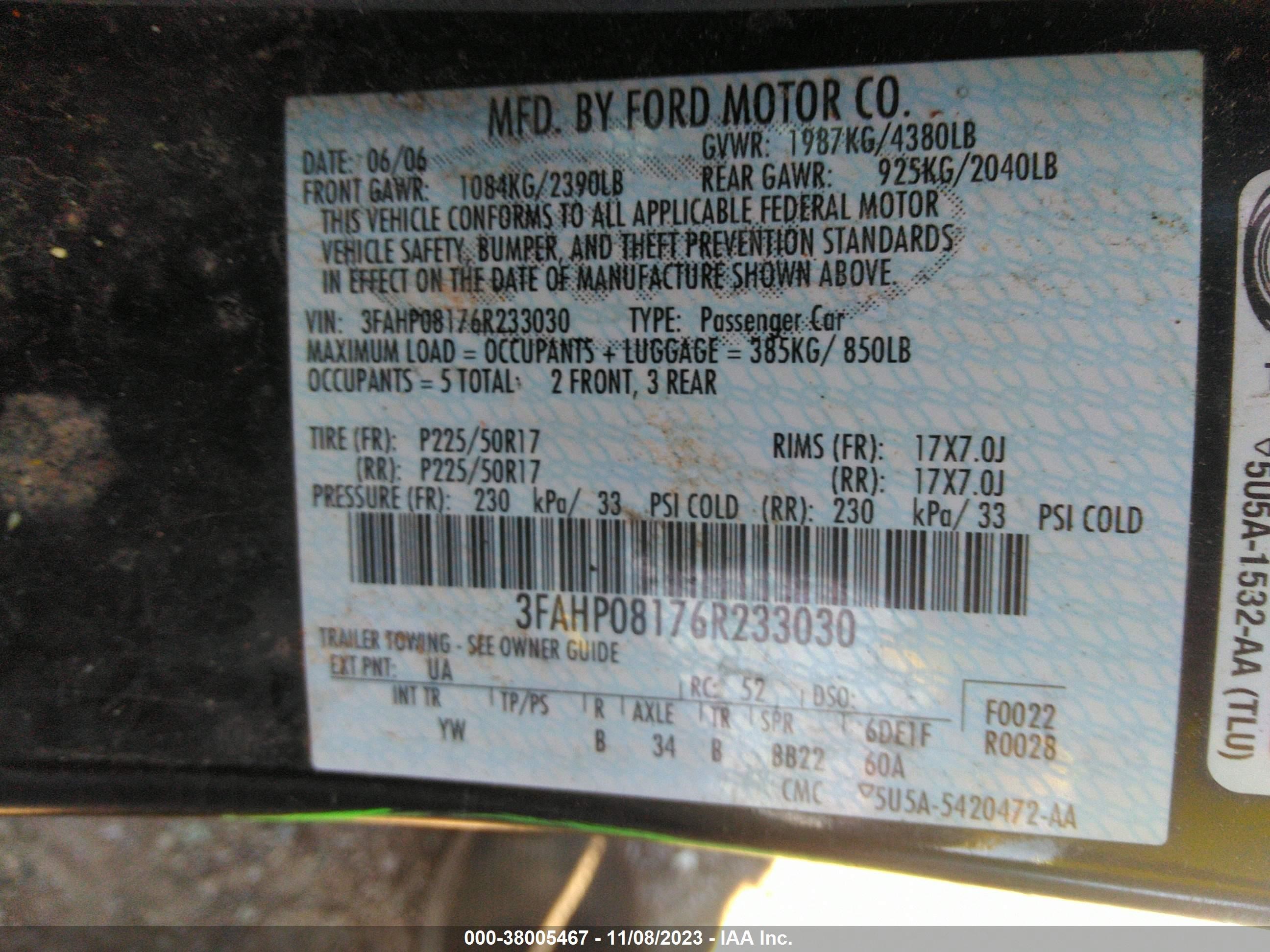 Photo 8 VIN: 3FAHP08176R233030 - FORD FUSION 