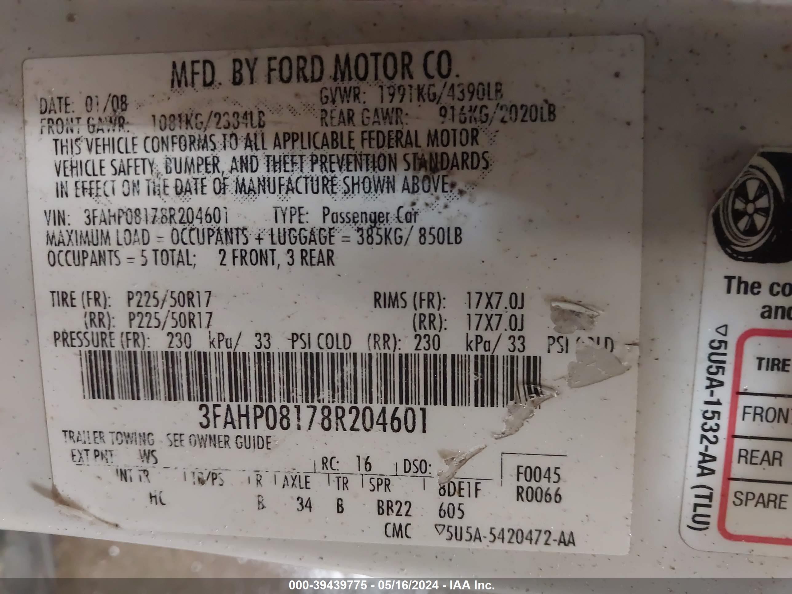 Photo 8 VIN: 3FAHP08178R204601 - FORD FUSION 