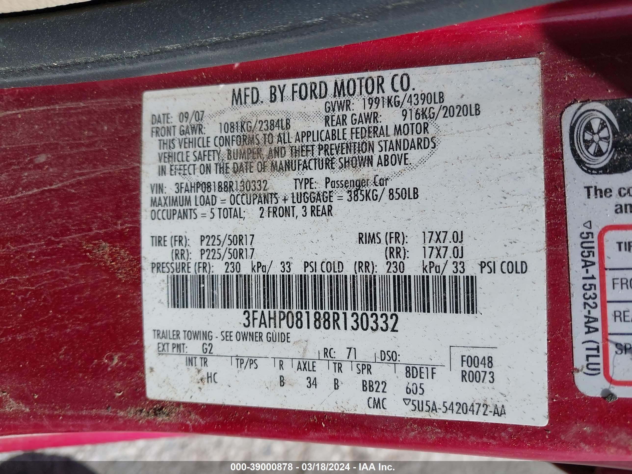 Photo 8 VIN: 3FAHP08188R130332 - FORD FUSION 