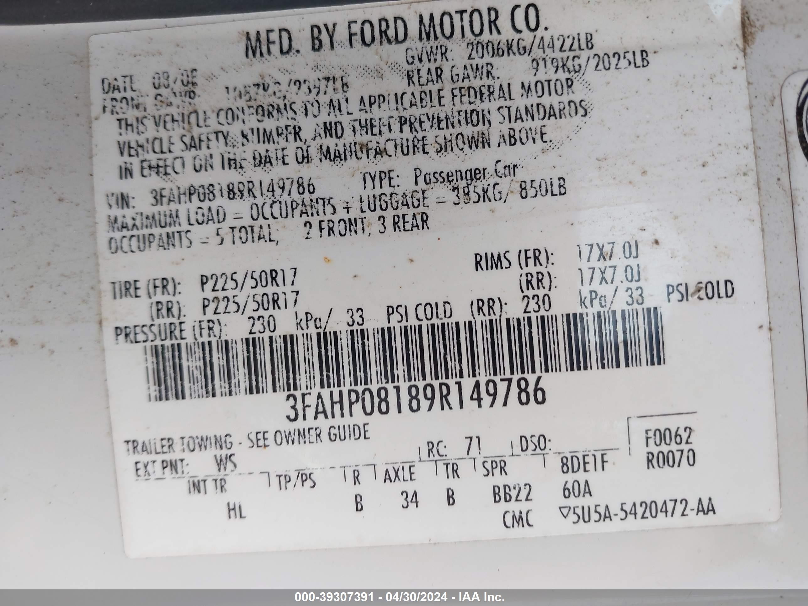 Photo 8 VIN: 3FAHP08189R149786 - FORD FUSION 