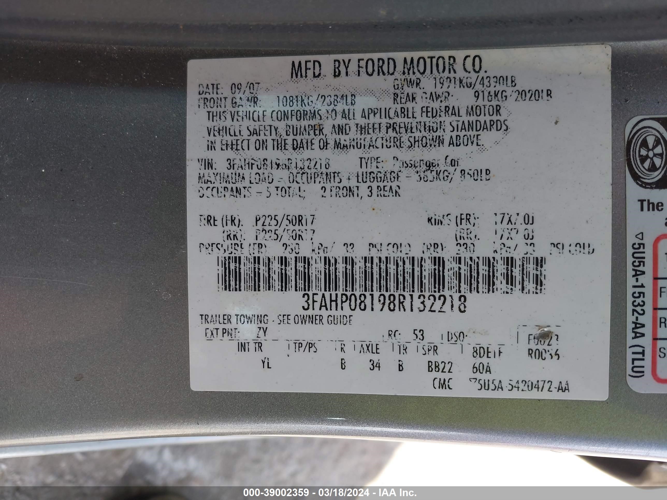 Photo 8 VIN: 3FAHP08198R132218 - FORD FUSION 