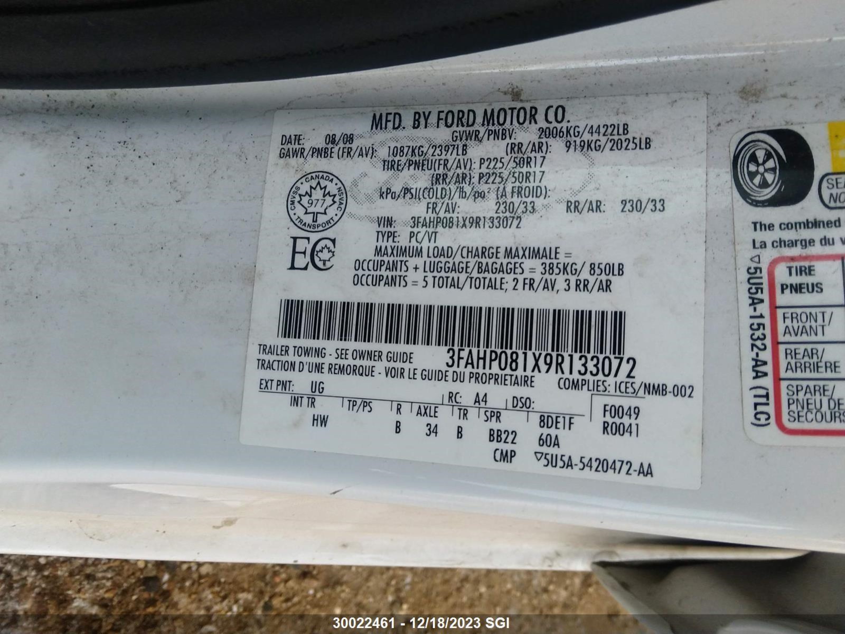 Photo 8 VIN: 3FAHP081X9R133072 - FORD FUSION 