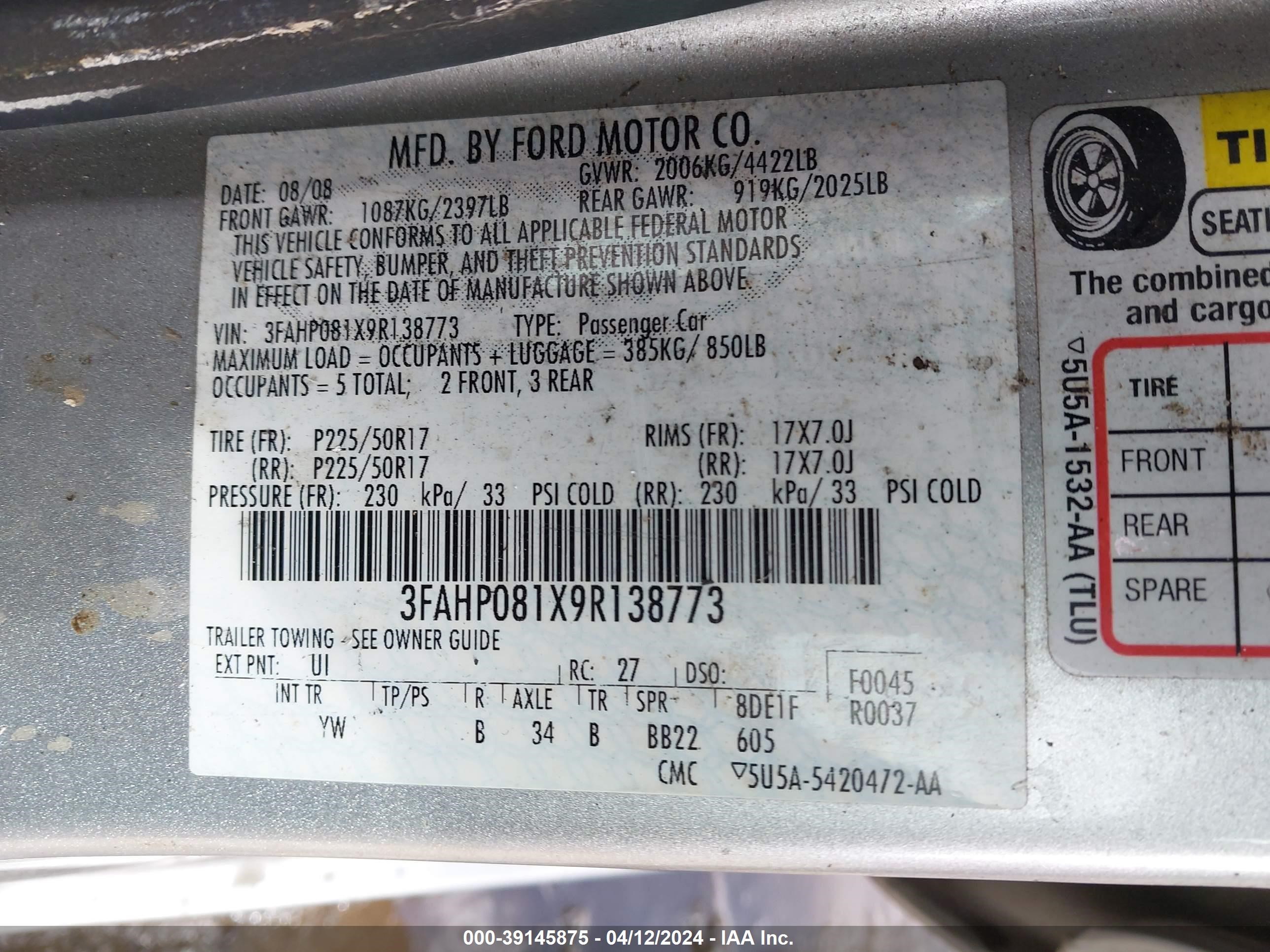 Photo 8 VIN: 3FAHP081X9R138773 - FORD FUSION 