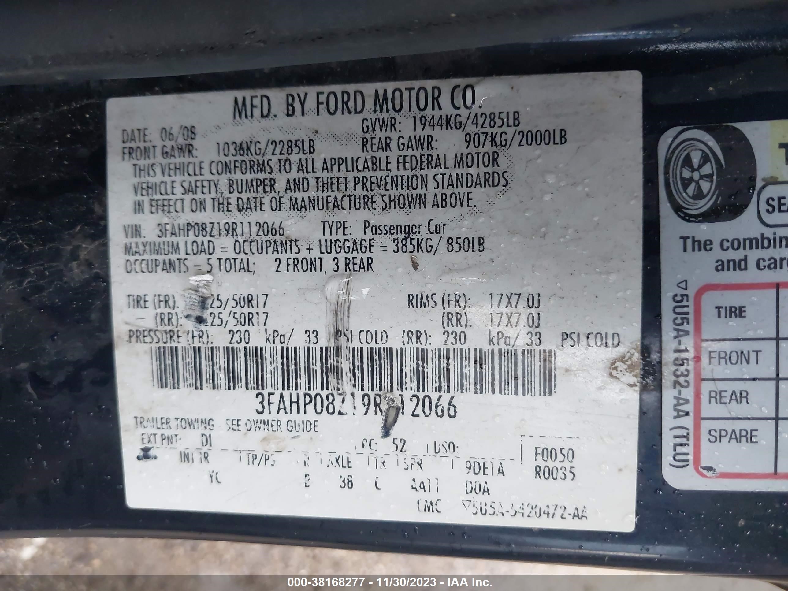 Photo 8 VIN: 3FAHP08Z19R112066 - FORD FUSION 