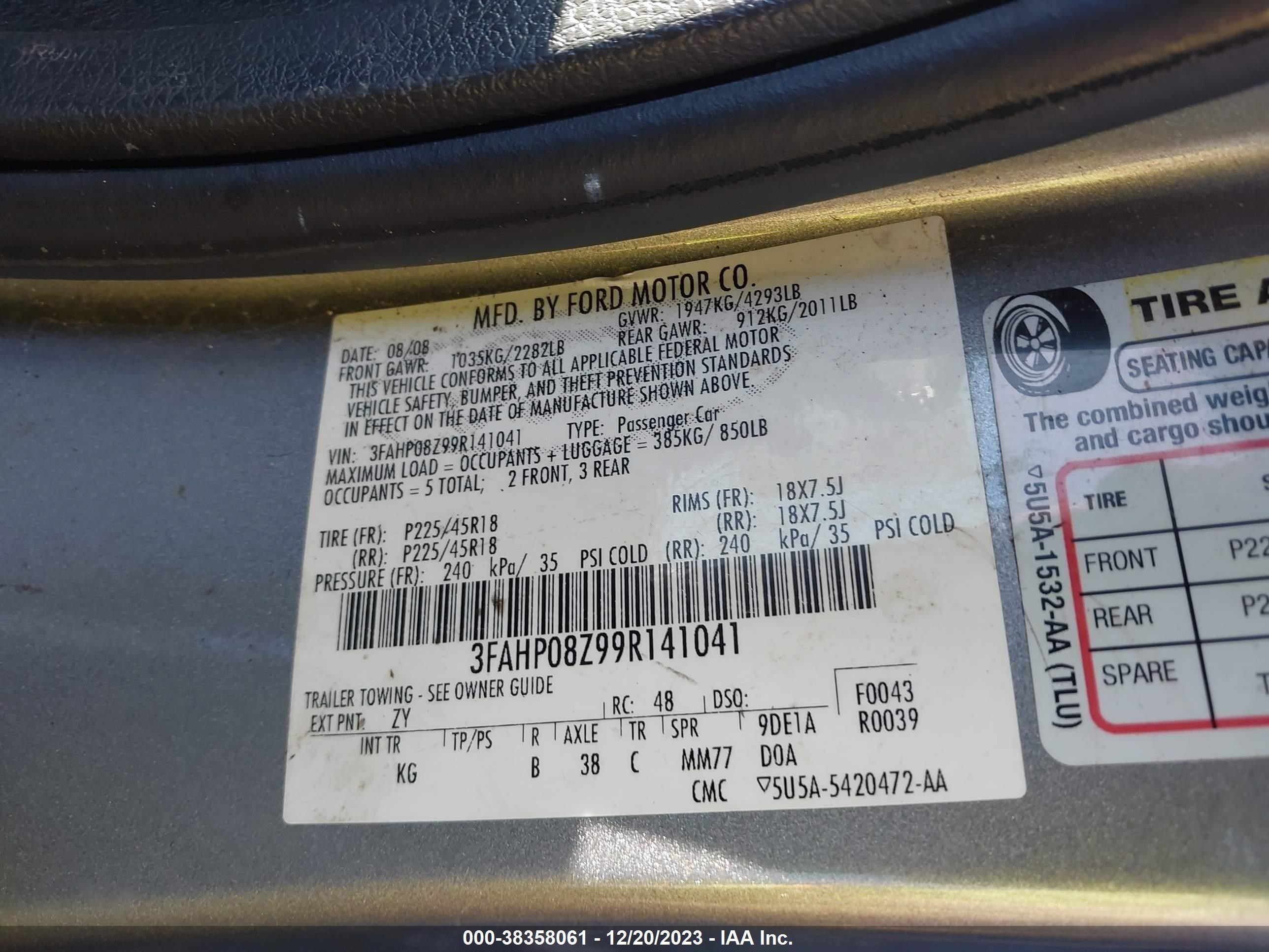 Photo 8 VIN: 3FAHP08Z99R141041 - FORD FUSION 