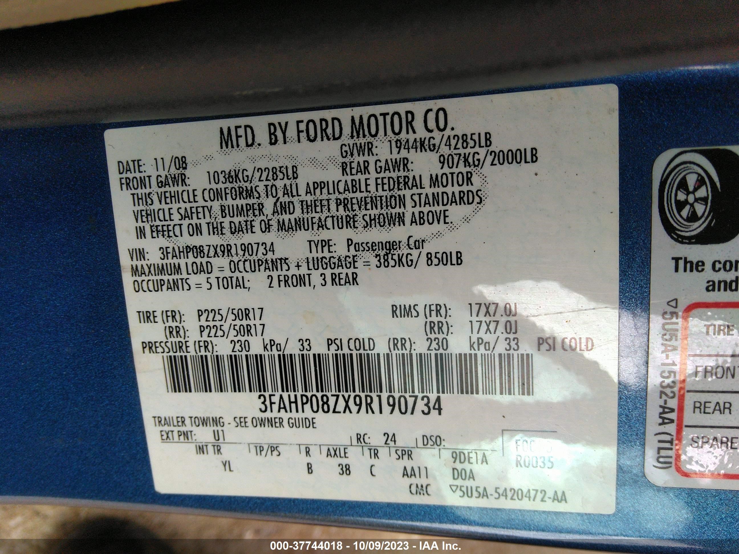 Photo 8 VIN: 3FAHP08ZX9R190734 - FORD FUSION 