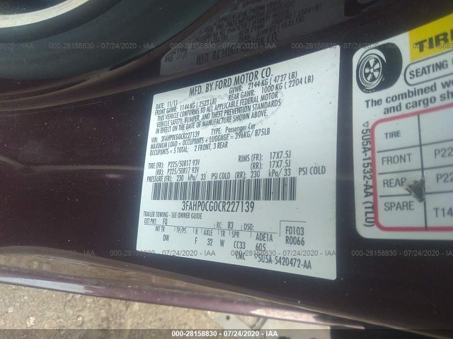 Photo 8 VIN: 3FAHP0CG0CR227139 - FORD FUSION 