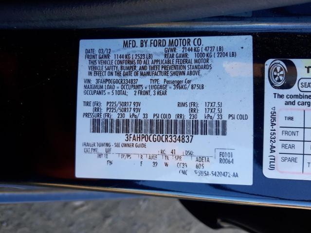 Photo 11 VIN: 3FAHP0CG0CR334837 - FORD FUSION SEL 