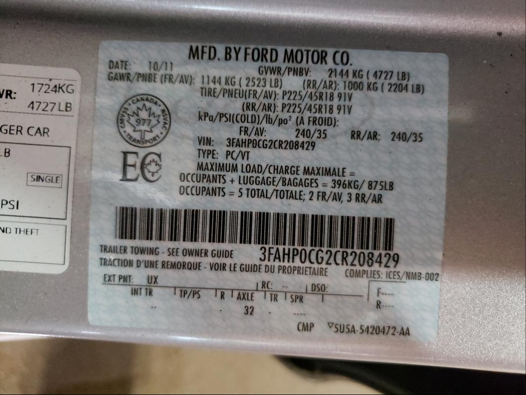 Photo 9 VIN: 3FAHP0CG2CR208429 - FORD FUSION SEL 