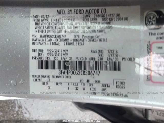 Photo 8 VIN: 3FAHP0CG2CR306747 - FORD FUSION 