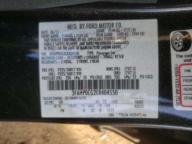 Photo 9 VIN: 3FAHP0CG2CR404550 - FORD FUSION SEL 