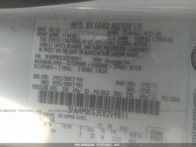 Photo 8 VIN: 3FAHP0CG3CR299811 - FORD FUSION 