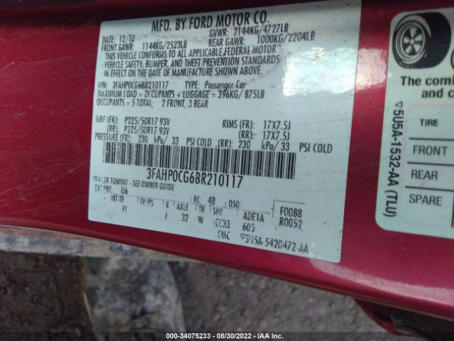 Photo 8 VIN: 3FAHP0CG6BR210117 - FORD FUSION 