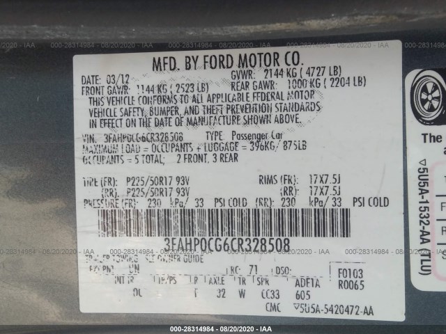 Photo 8 VIN: 3FAHP0CG6CR328508 - FORD FUSION 