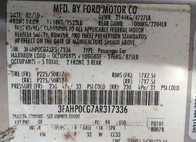 Photo 8 VIN: 3FAHP0CG7AR317336 - FORD FUSION 