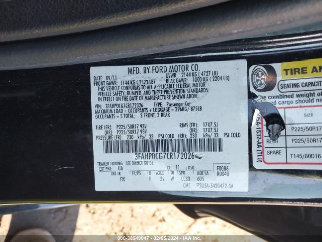 Photo 8 VIN: 3FAHP0CG7CR172026 - FORD FUSION 