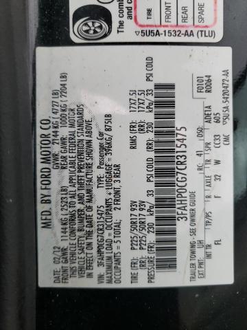 Photo 9 VIN: 3FAHP0CG7CR315475 - FORD FUSION SEL 