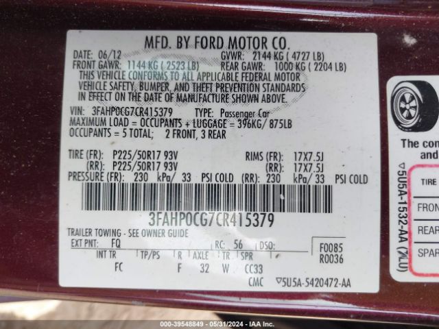 Photo 8 VIN: 3FAHP0CG7CR415379 - FORD FUSION 