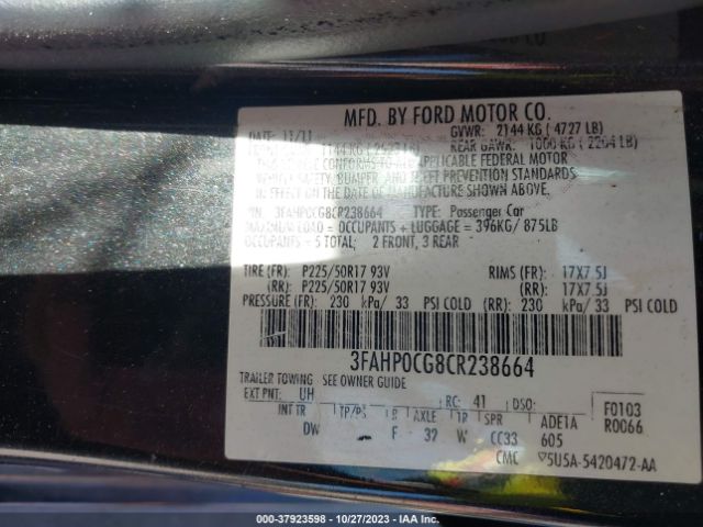 Photo 8 VIN: 3FAHP0CG8CR238664 - FORD FUSION 