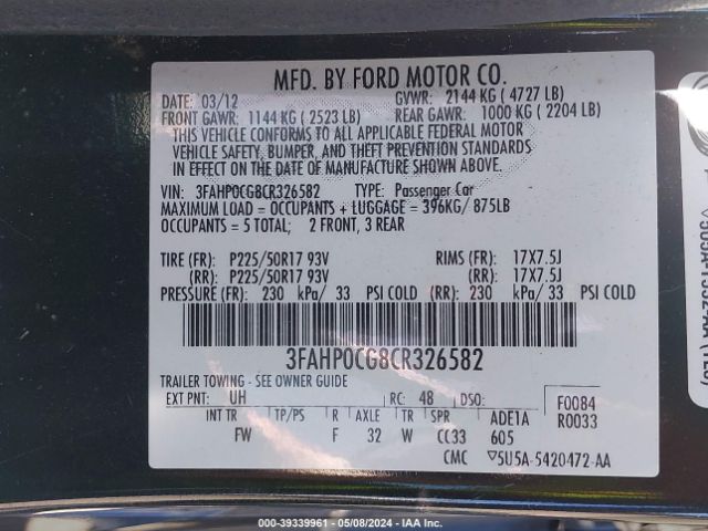 Photo 8 VIN: 3FAHP0CG8CR326582 - FORD FUSION 