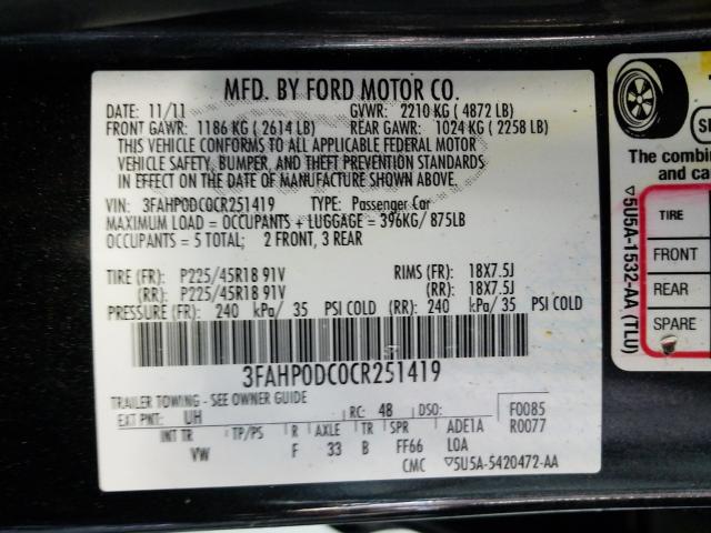 Photo 9 VIN: 3FAHP0DC0CR251419 - FORD FUSION SPO 