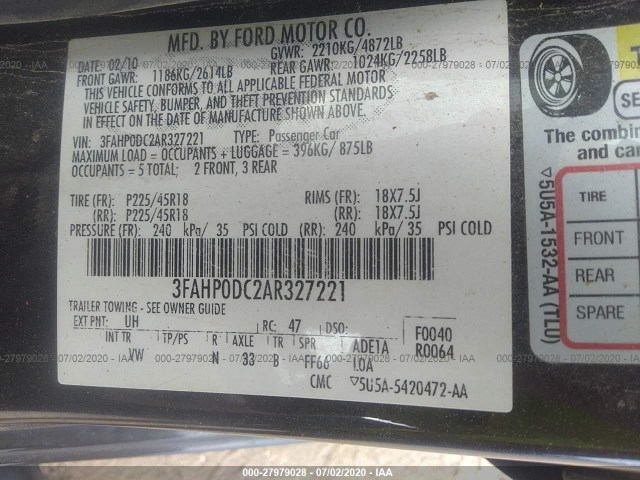 Photo 8 VIN: 3FAHP0DC2AR327221 - FORD FUSION 