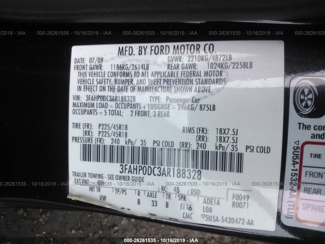 Photo 8 VIN: 3FAHP0DC3AR188328 - FORD FUSION 