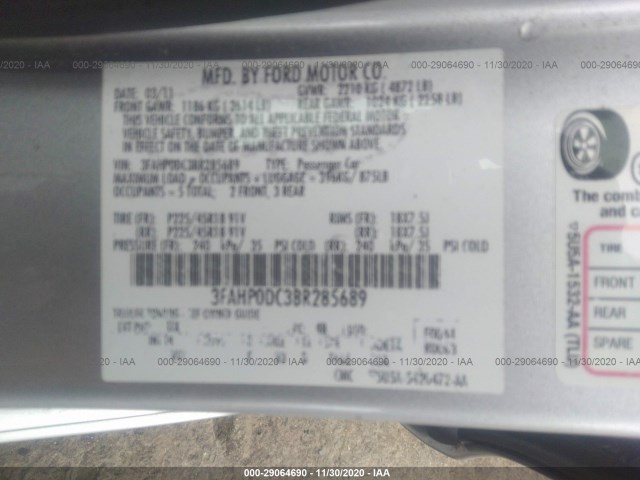 Photo 8 VIN: 3FAHP0DC3BR285689 - FORD FUSION 