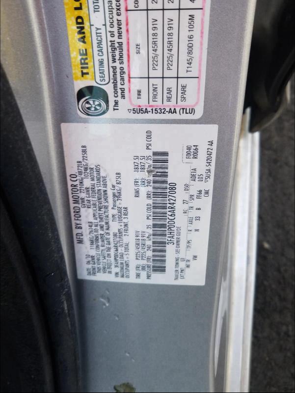 Photo 9 VIN: 3FAHP0DC6AR427080 - FORD FUSION SPO 