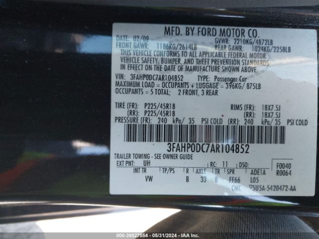 Photo 8 VIN: 3FAHP0DC7AR104852 - FORD FUSION 