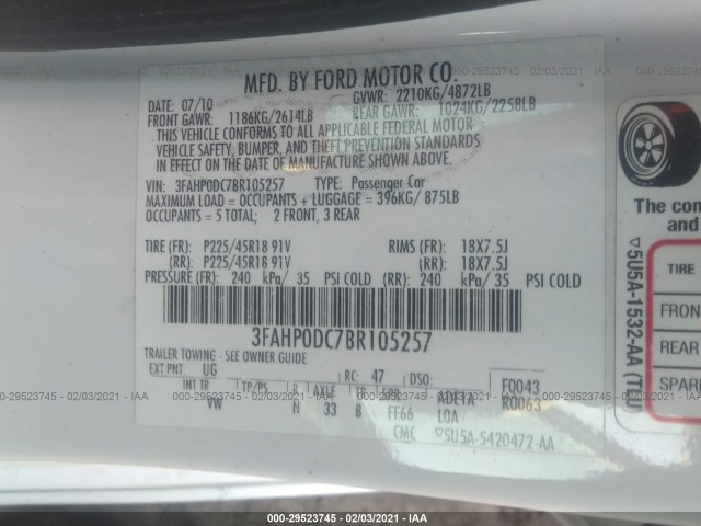 Photo 8 VIN: 3FAHP0DC7BR105257 - FORD FUSION SPO 