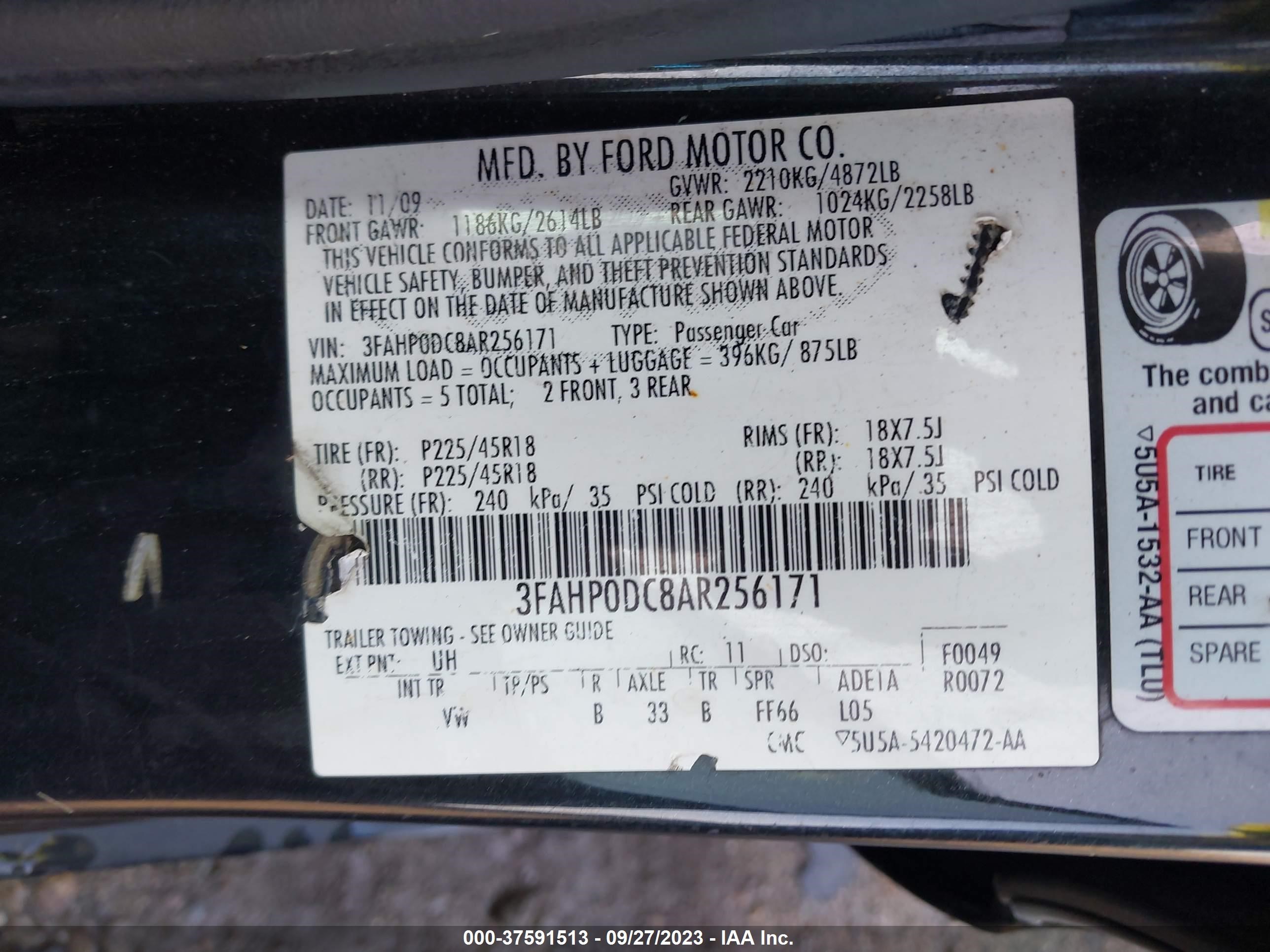 Photo 8 VIN: 3FAHP0DC8AR256171 - FORD FUSION 