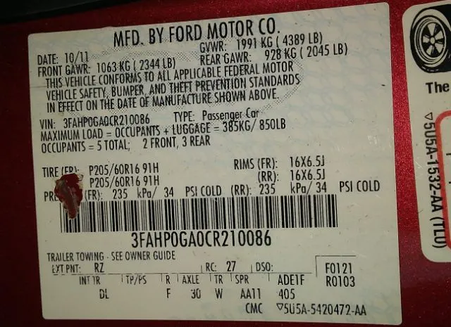 Photo 8 VIN: 3FAHP0GA0CR210086 - FORD FUSION 