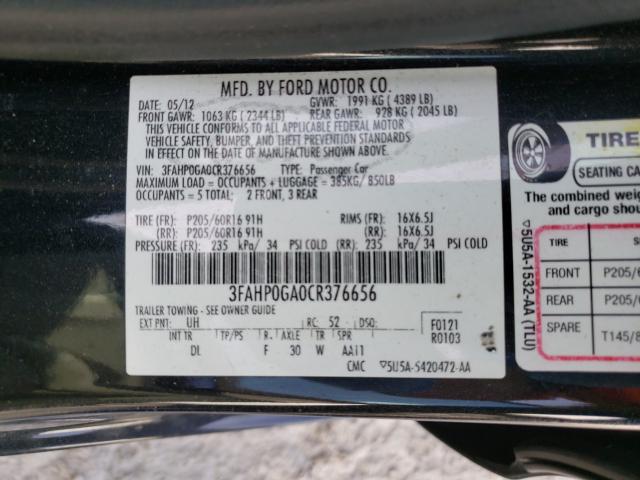 Photo 9 VIN: 3FAHP0GA0CR376656 - FORD FUSION S 