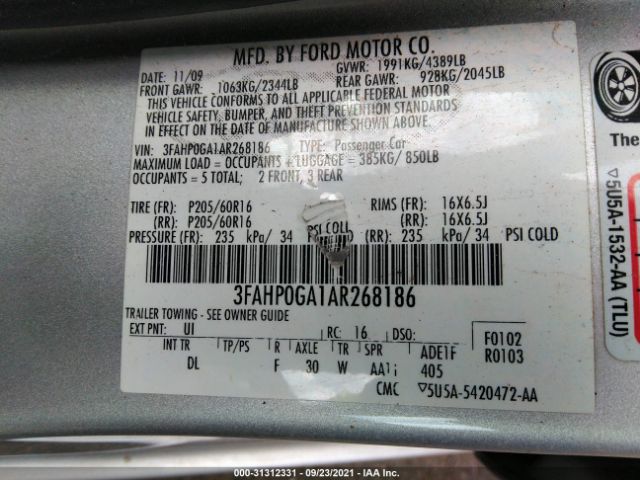 Photo 8 VIN: 3FAHP0GA1AR268186 - FORD FUSION 