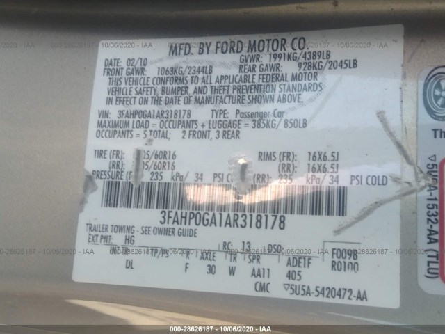 Photo 8 VIN: 3FAHP0GA1AR318178 - FORD FUSION 