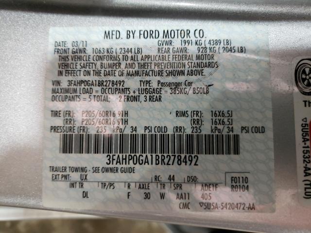 Photo 9 VIN: 3FAHP0GA1BR278492 - FORD FUSION S 